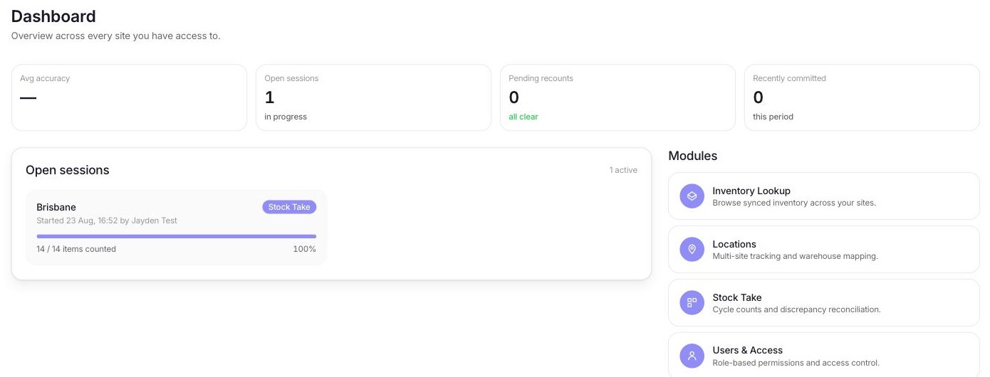 Varify dashboard showing open stock-take sessions and site modules