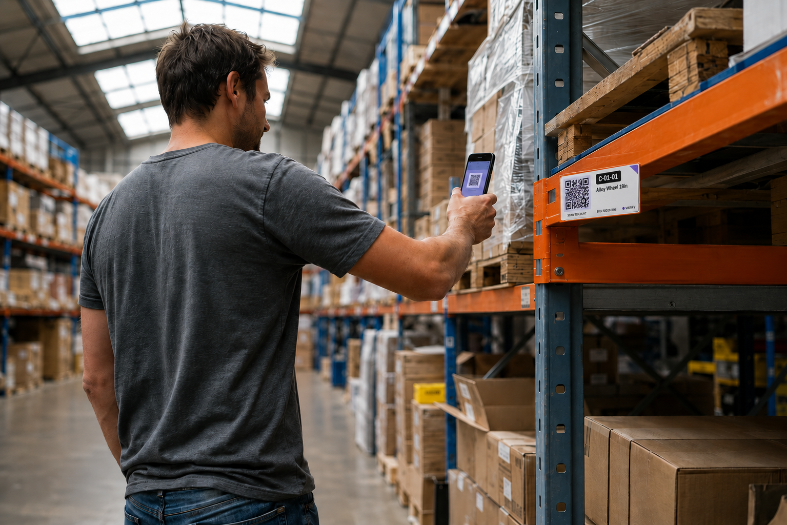 Warehouse worker scanning a Varify QR label on a shelf during a stock take
